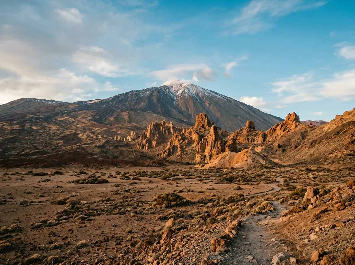 Кальдера Тейде, вулканические скалы Los Roques de García, конус вулкана на фоне синего неба, лунный пейзаж