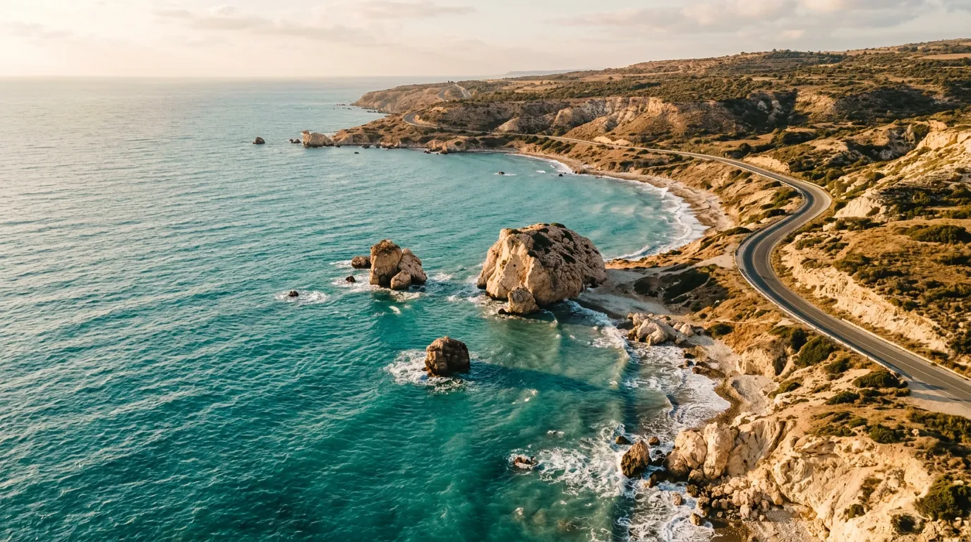 Камень Афродиты, скала в бирюзовом море, прибрежная дорога, вид сверху